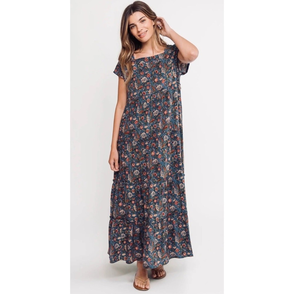 NWT Natural Life Berkley Maxi Dress Blue Tan Floral Tiered Rayon Boho Women's Sm